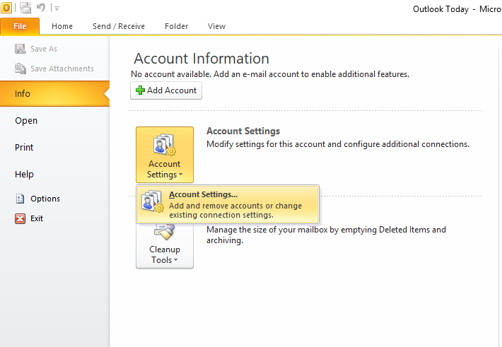 Hướng dẫn thiết lập tài khoản Email trên Outlook 2010